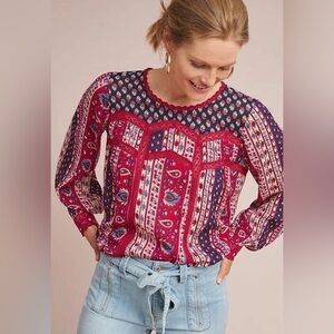 Anthropologie Maeve Red and Blue Patterned Bohemian Blouse